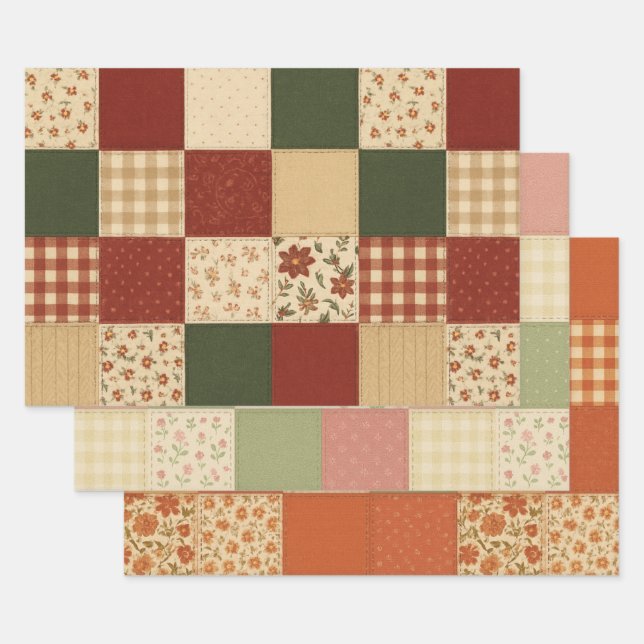 Red Green Patchwork Quilt Rustic Farmhouse Floral Wrapping Paper Sheet (Set)