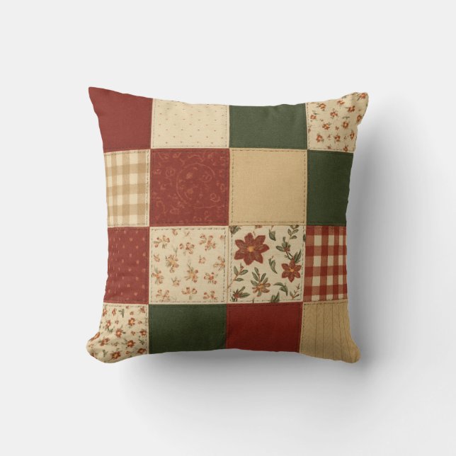 Red Green Patchwork Quilt Rustic Farmhouse  Throw Pillow (Front)