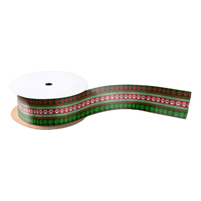 Red green paw print pattern holiday ribbon satin ribbon (Spool)