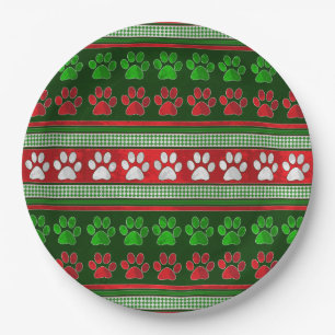 Red green paw print pattern paper plates