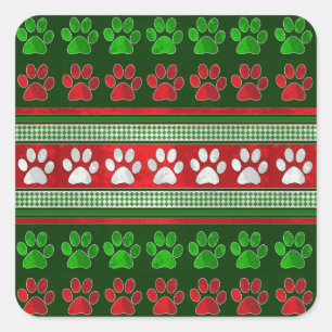 Red green paw print square sticker labels