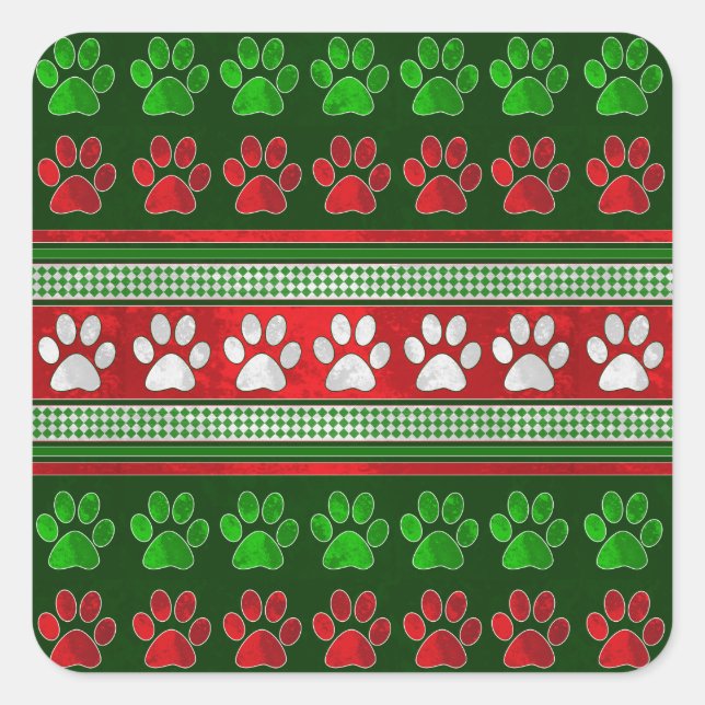 Red green paw print square sticker labels (Front)