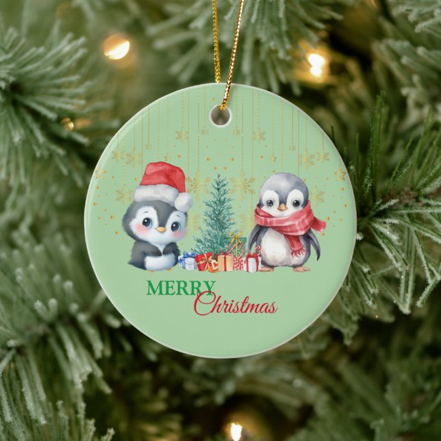 Red Green Penguin Santa Merry Christmas Party Ceramic Ornament (Tree)