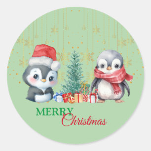 Red Green Penguin Santa Merry Christmas Party Classic Round Sticker