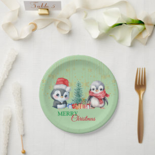 Red Green Penguin Santa Merry Christmas Party Paper Plate