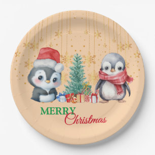 Red Green Penguin Santa Merry Christmas Party Paper Plate