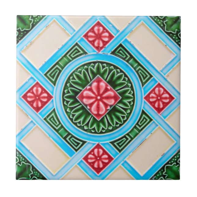 Red Green Peranakan Floral Geometric Ornamental Tile (Front)