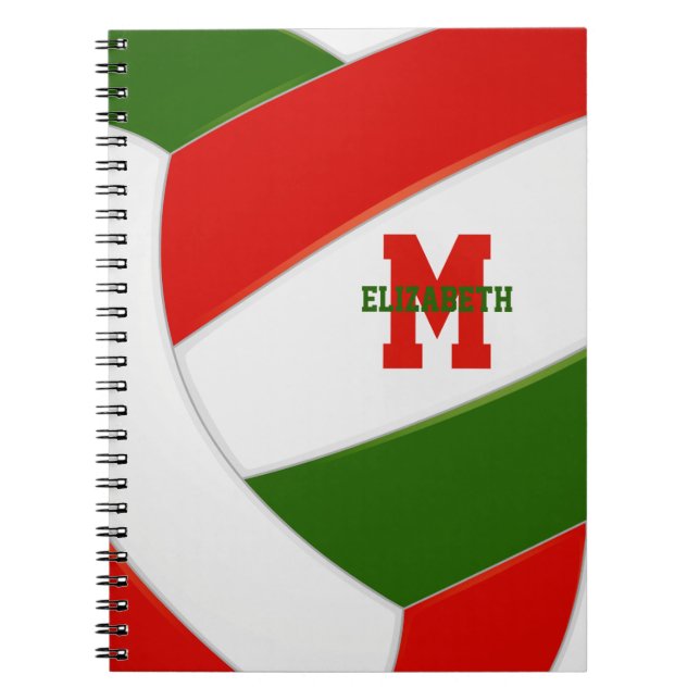 Red green personalized girls boys volleyball notebook (Front)