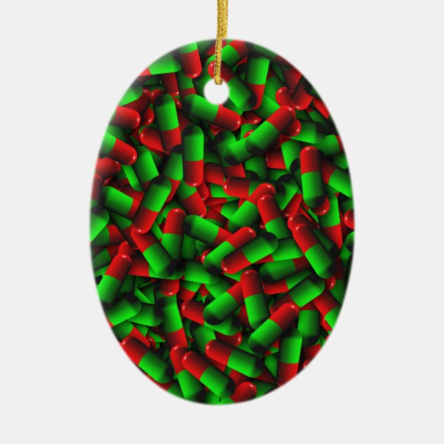 red green pills drugs ceramic ornament (Front)