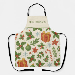 Red Green Pine and Berries Holiday Boho Watercolor Apron