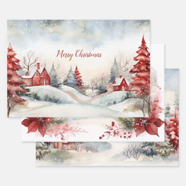  Red Green Pine Trees Christmas Woodlands  Wrapping Paper Sheet (Set)