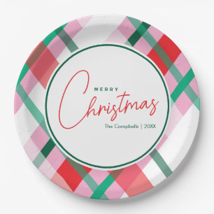 Red Green Pink Christmas Plaid Paper Plate