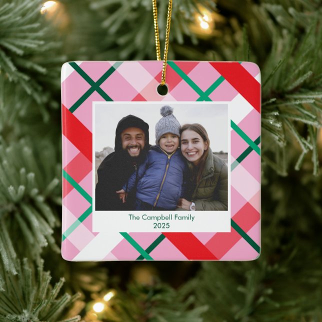 Red Green Pink Plaid Christmas Photo Ornament (Tree)