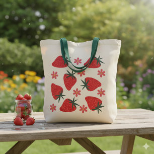 Red Green Pink Simple Strawberries Tote Bag
