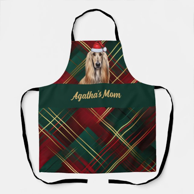 Red Green Plaid and Afghan Hound Dog Christmas Apron (Front)