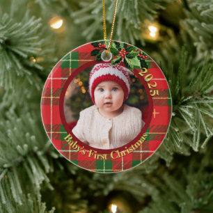 Red Green Plaid   Baby's First Christmas Photo Ceramic Ornament