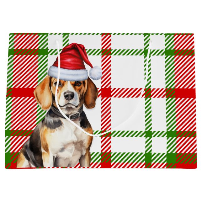 Red Green Plaid Beagle Dog Lover Holiday Large Gift Bag (Front)