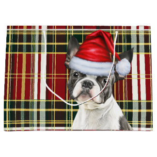 Red Green Plaid Boston Terrier Dog Lover Holiday Large Gift Bag