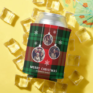 Red Green Plaid Buffalo Check Photo Christmas  Can Cooler
