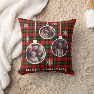 Red Green Plaid Buffalo Check Photo Christmas  Throw Pillow