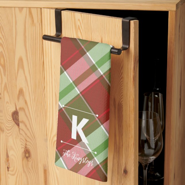 Red Green Plaid Christmas Personalized Monogram Kitchen Towel (Thirds Fold)