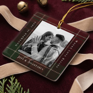 Red Green Plaid Engaged Script Engagement Photo Ceramic Ornament