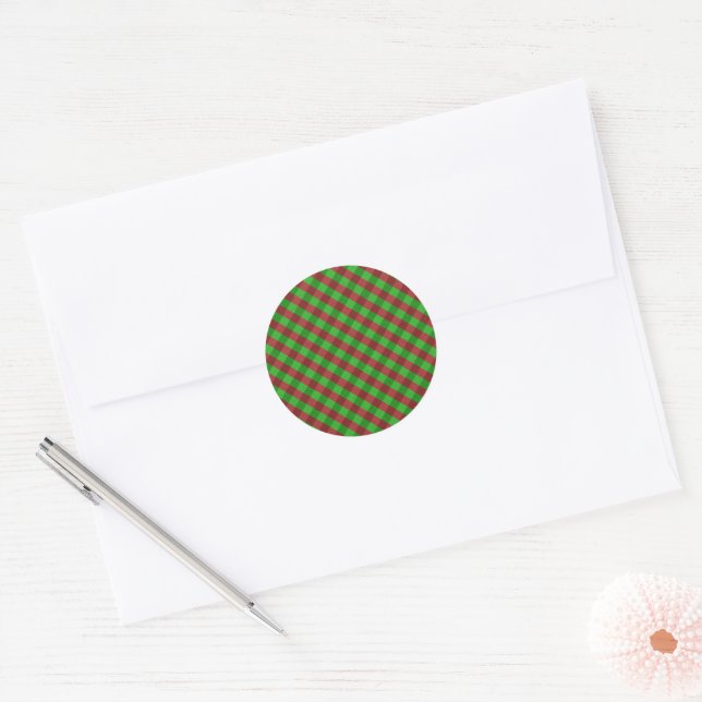 Red & Green Plaid Glitter Classic Round Sticker (Envelope)
