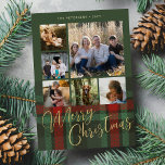 Red green plaid photo collage Merry Christmas  Holiday Card<br><div class="desc">Modern elegant stylish plaid tartan faux gold Merry Christmas script six family photos traditional red forest green holiday card with your custom personalized text on both sides.</div>