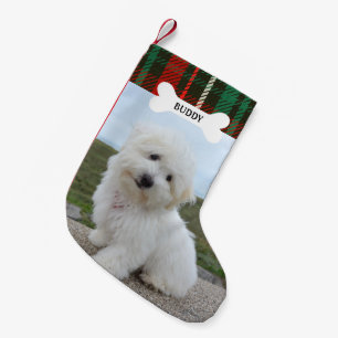 Red Green Plaid Rustic Dog Bone Pet Photo Small Christmas Stocking
