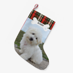 Red Green Plaid Rustic Dog Bone Pet Photo Small Christmas Stocking