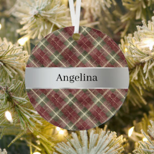 Red Green Plaid Silver Ribbon Christmas Metal Ornament