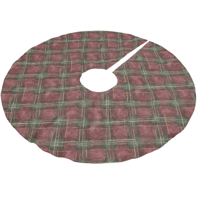 Red Green Plaid Stripes Christmas Brushed Polyester Tree Skirt (Angled)