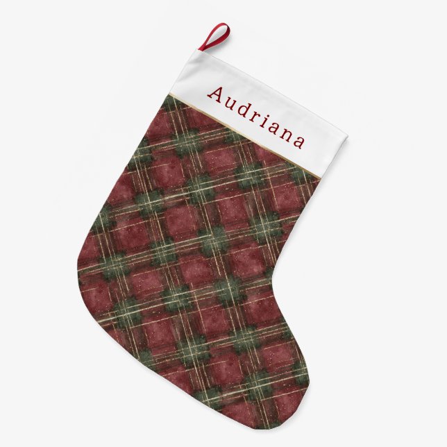 Red Green Plaid Stripes Christmas Large Christmas Stocking (Front (Hanging))