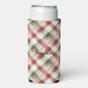 Red Green Plaid Stripes Seltzer Can Cooler