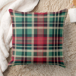 Red Green Plaid Stripes Throw Pillow