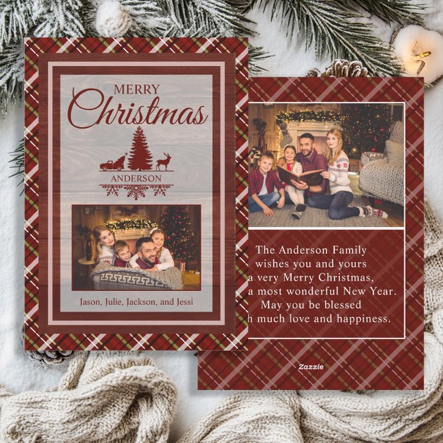 Red Green Plaid Tartan 2 Photo Monogram Christmas Holiday Card (Rustic red and green plaid 2-photo "Merry Christmas" monogram greeting card)