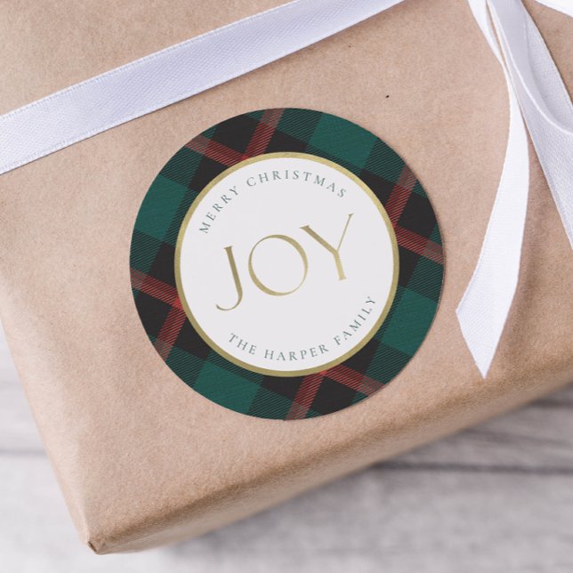 Red Green Plaid Tradition Joy Classic Round Sticker (Creator Uploaded)
