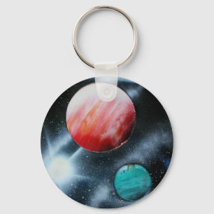 Red Green Planets and White star spraypainting Keychain