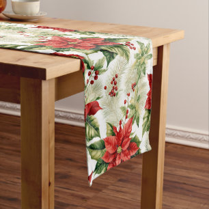 Red Green Poinsettia Holly Berry Christmas Holiday Short Table Runner