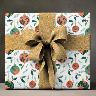 Red Green Poinsettia Holly Christmas Baubles Wrapping Paper
