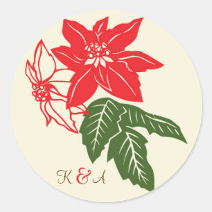 Red & Green Poinsettias Christmas Wedding Classic Round Sticker