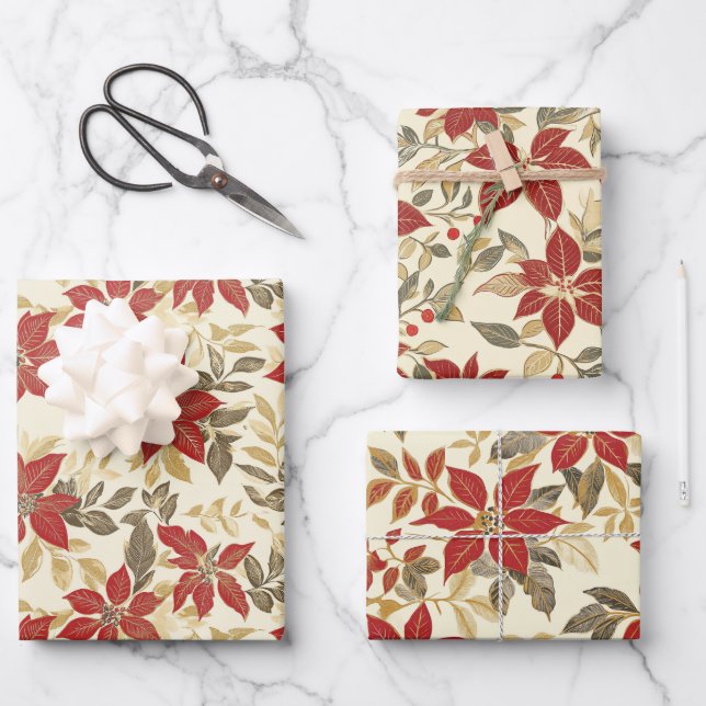 Red Green Poinsettias Vintage Christmas Wrapping Paper Sheet (Front)
