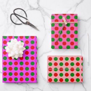 Red Green Polka Dot Pattern Pink Christmas Wrapping Paper Sheet