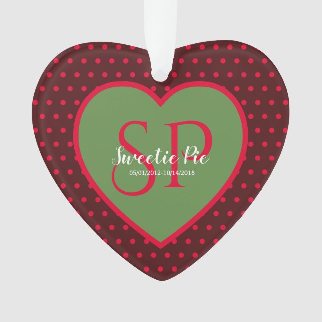 Red & Green Polka Dot Personalized Memorial Heart Ornament (Front)