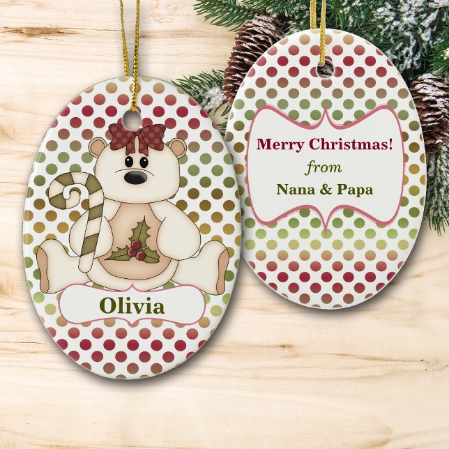 Red Green Polkadot Bear Personalized Ceramic Ornament (Creator Uploaded)
