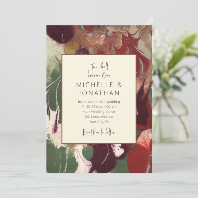 Red Green Purple Abstract Art Christian Wedding  Invitation (Standing Front)
