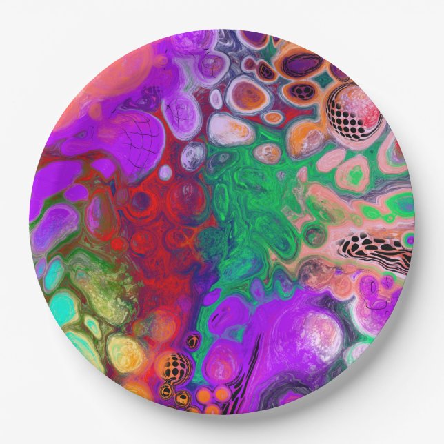 Red, Green, Purple Colourful Digital Fluid Art   Paper Plate (Front)