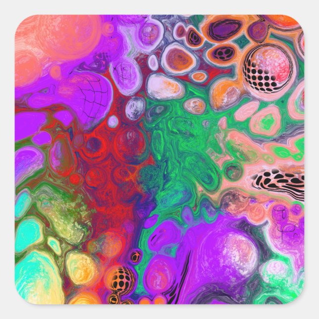 Red, Green, Purple Colourful Digital Fluid Art    Square Sticker (Front)