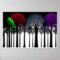Red Green Purple Splash in Black and White Forest