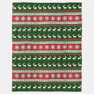 Red green reindeer snowflake large fleece blanket